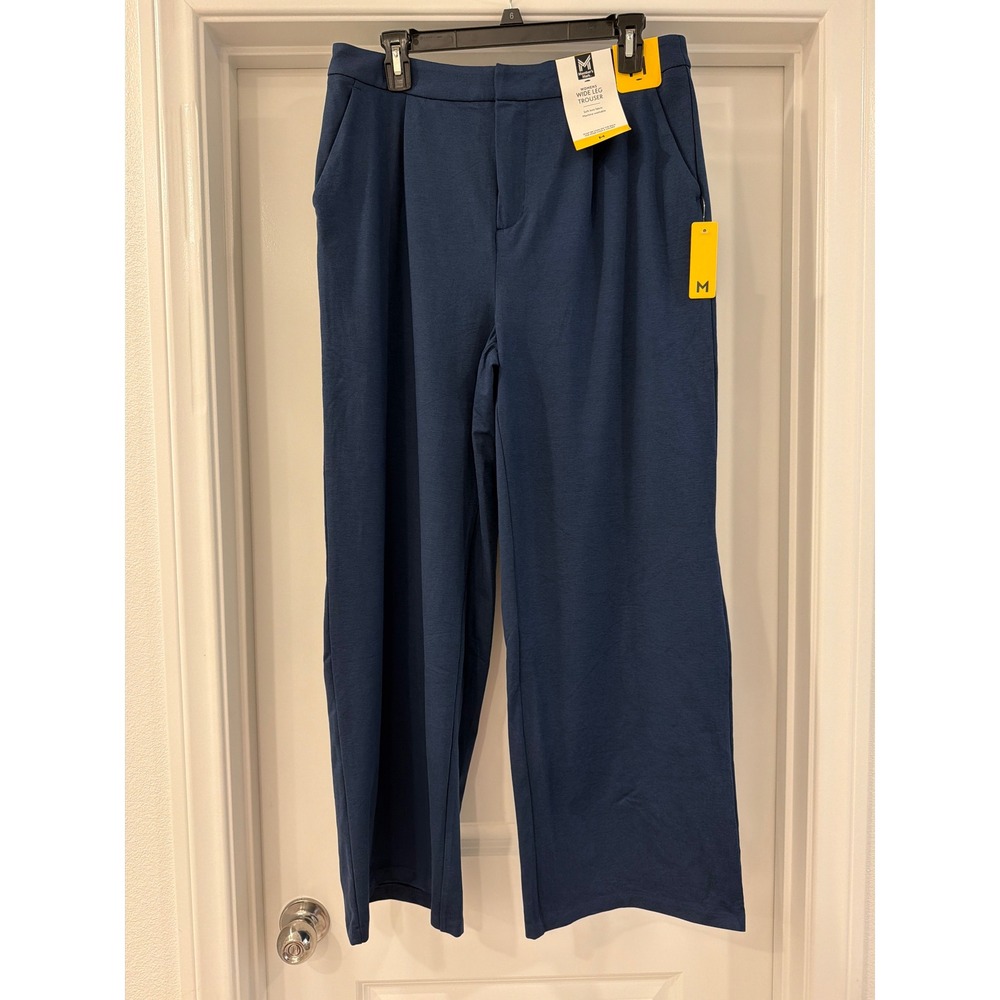 Member's Mark Wide Leg Trouser Women Size M Blue Soft Knit Pleated Pants NEW